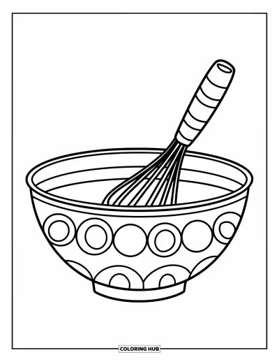 Backen-Ausmalbild für Kinder: Eine große Schüssel mit einem Schneebesen darin, fröhlich gezeichnet