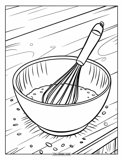 Backen-Ausmalbild für Kinder: Eine Schüssel mit einem Schneebesen und Mehl, das rundherum verstreut ist