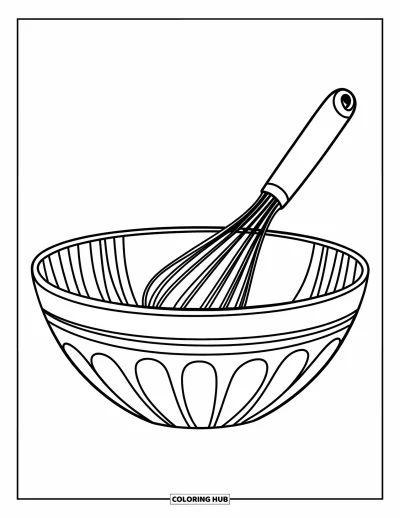 Backen-Ausmalbild für Kinder: Eine Schüssel mit einem Schneebesen, klaren und kräftigen Umrissen