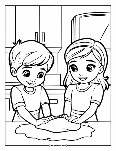 Backen-Ausmalbild für Kinder: Ein Junge und ein Mädchen kneten gemeinsam Teig in einer Küche