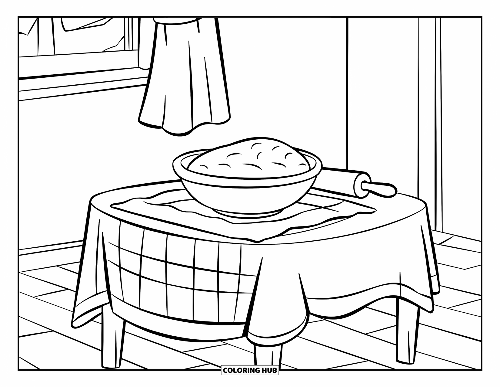Baking Coloring Page for Kids: A checkered table with dough, a rolling pin, and a window view