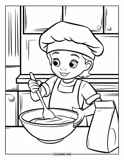 Backen-Ausmalbild für Kinder: Ein Kind rührt Teig in einer Schüssel auf einer Theke