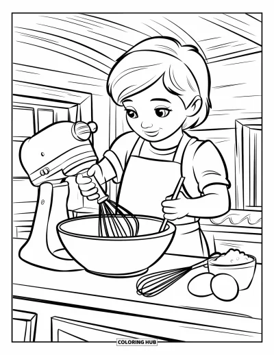 Backen-Ausmalbild für Kinder: Ein Kind rührt Teig mit Utensilien und Zutaten in einer rustikalen Küche