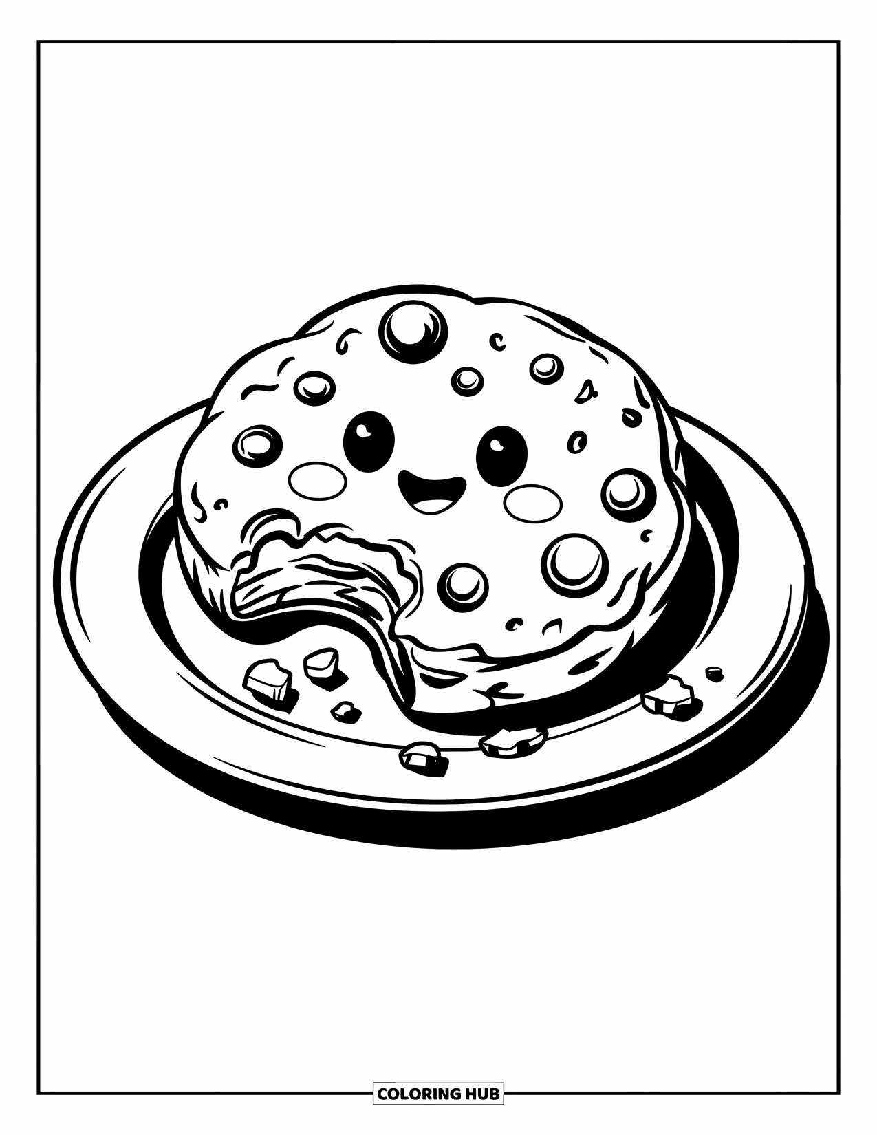 Baking Coloring Page for Kids: A cookie with bite marks resting on a plate with crumbs