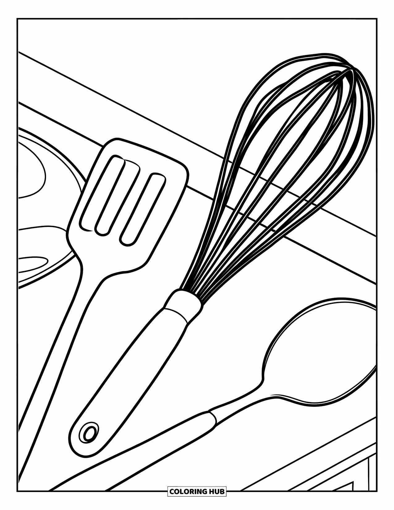 Baking Coloring Page for Kids: A counter with a whisk, spatula, and spoon