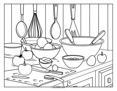Backen-Ausmalbild für Kinder: Eine Theke mit Äpfeln, Orangen, Eiern und Backutensilien