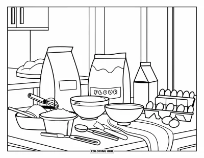 Backen-Ausmalbild für Kinder: Eine Theke mit Mehl, Zucker, Milch, Eiern und Backutensilien
