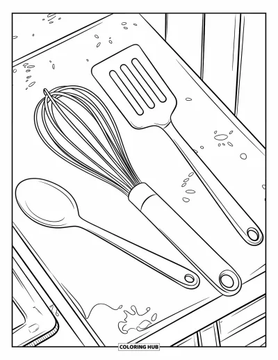 Backen-Ausmalbild für Kinder: Eine Theke mit Schneebesen, Spatel, Löffel und ein paar Spritzern