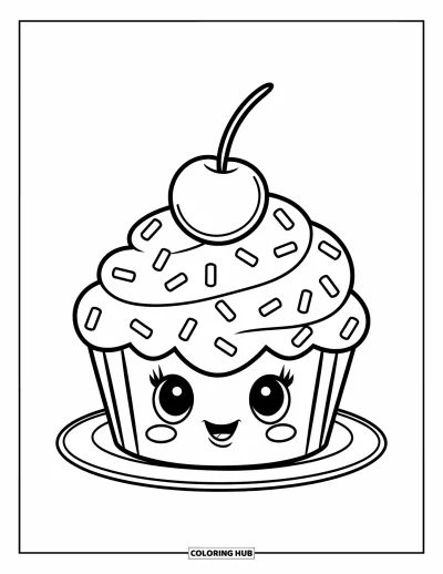 Backen-Ausmalbild für Kinder: Ein Cupcake mit Streuseln, einer Kirsche und einem Schokoladenstückchen obendrauf