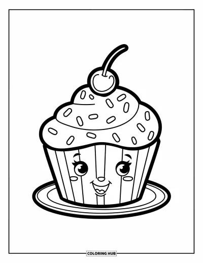 Backen-Ausmalbild für Kinder: Ein Cupcake mit Streuseln und einer Kirsche auf einem Teller