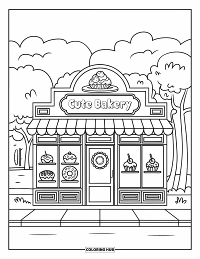 Backen-Ausmalbild für Kinder: Eine niedliche Bäckerei-Fassade mit Cupcakes, Donuts und Gebäck im Fenster