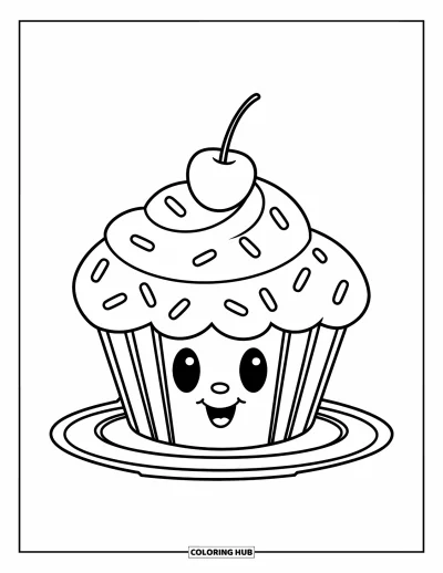 Backen-Ausmalbild für Kinder: Ein niedlicher Cupcake mit Streuseln und einer Kirsche auf einem Teller