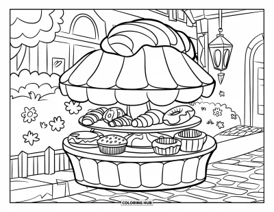 Backen-Ausmalbild für Kinder: Ein riesiges Gebäck-Regal voller Croissants, Muffins und Donuts