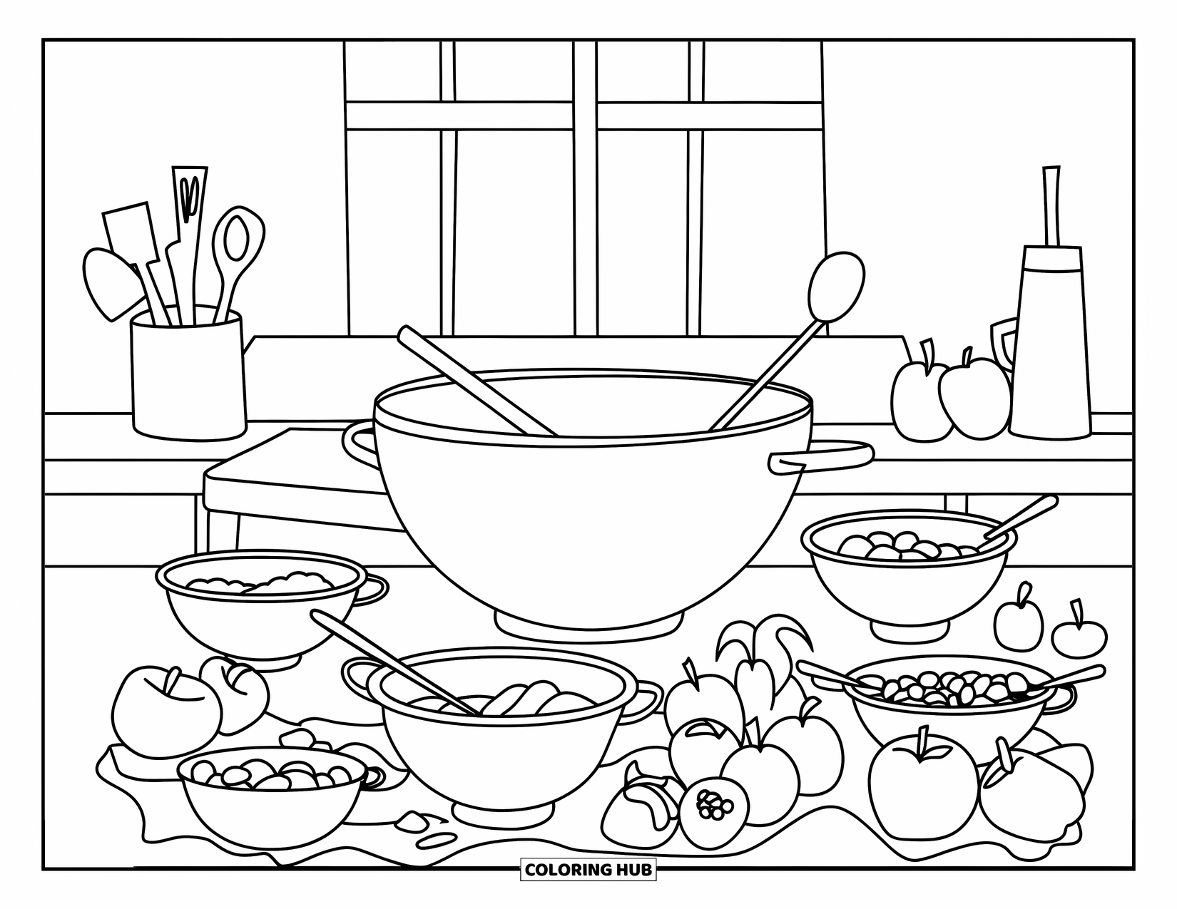 Baking Coloring Page for Kids: A kitchen counter filled with mixing bowls, utensils, and ingredients