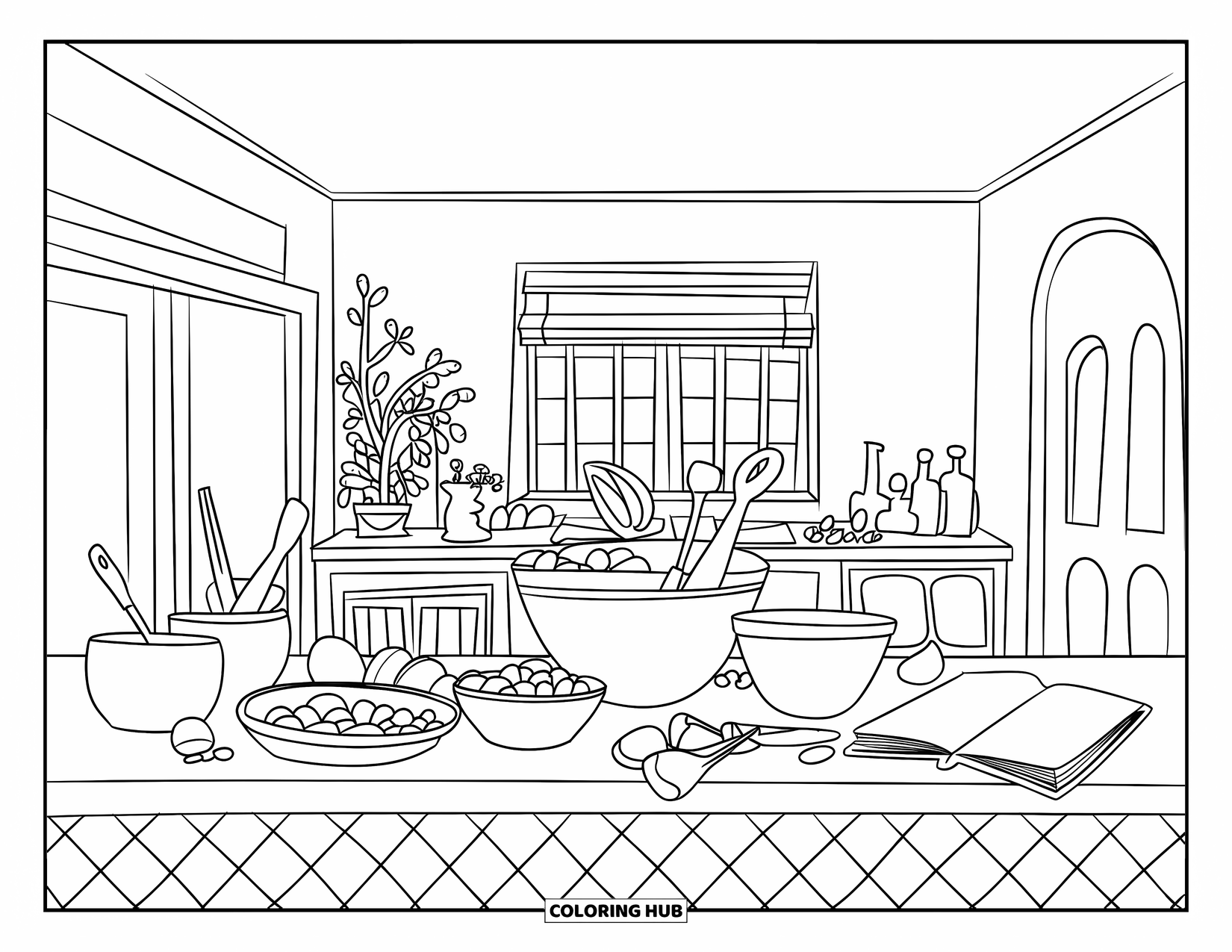 Baking Coloring Page for Kids: A kitchen counter with bowls, utensils, a plant, and a recipe book