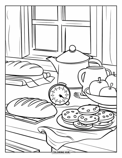 Backen-Ausmalbild für Kinder: Eine Küchentheke mit Timer, Tassen, Brot, Äpfeln, Keksen und Tee