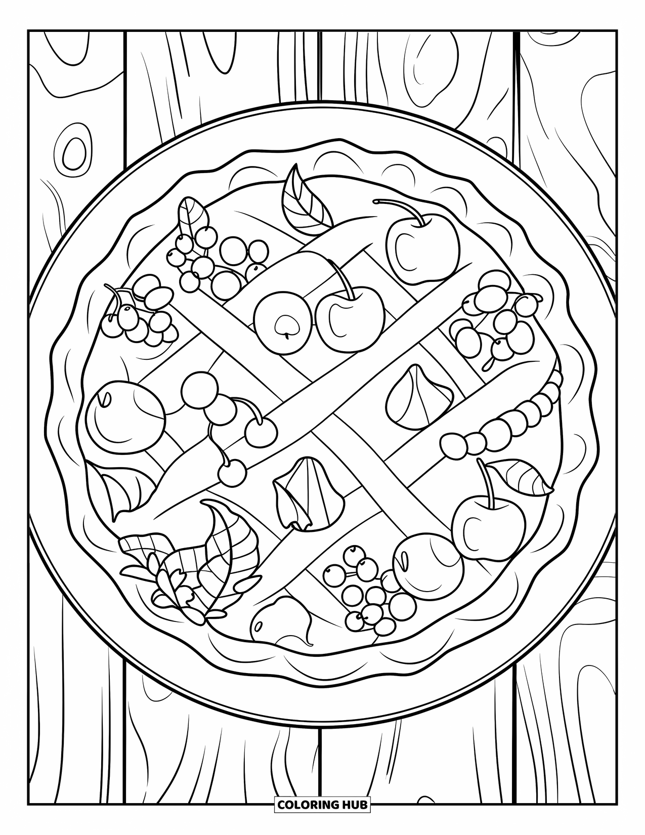 Baking Coloring Page for Kids: A lattice fruit pie on a plate with leaves on top