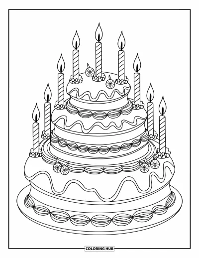 Backen-Ausmalbild für Kinder: Eine mehrstöckige Torte mit Kerzen und detaillierten Zuckerguss-Mustern
