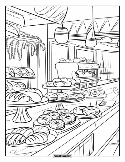 Backen-Ausmalbild für Kinder: Eine moderne Bäckerei mit Gebäck, Kaffee, Tischen und Pflanzen