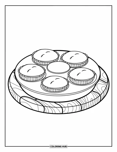 Backen-Ausmalbild für Kinder: Ein Muffinblech mit sechs Muffins in einem kreisförmigen Muster