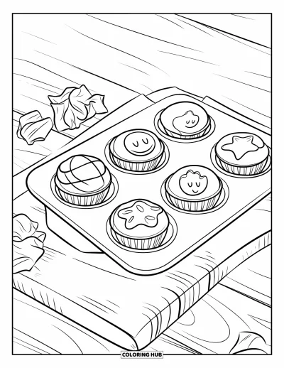 Backen-Ausmalbild für Kinder: Ein Muffinblech mit Muffins, die mit Gesichtern und Mustern verziert sind