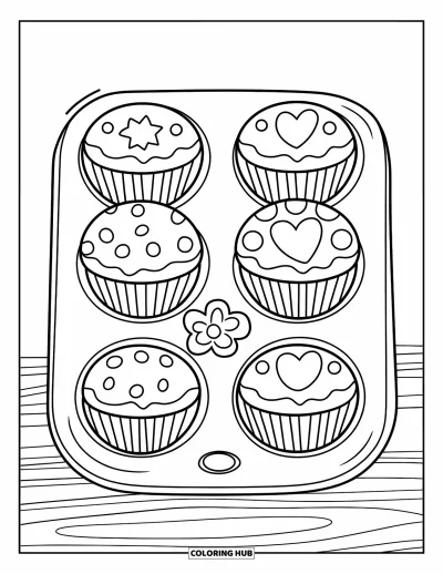 Backen-Ausmalbild für Kinder: Ein Muffinblech mit Muffins, die mit Sternen, Herzen und Blumen verziert sind