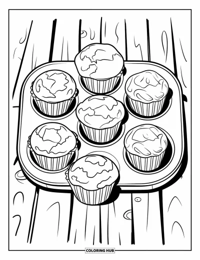 Backen-Ausmalbild für Kinder: Ein Muffinblech mit sechs Muffins auf einer Holzoberfläche