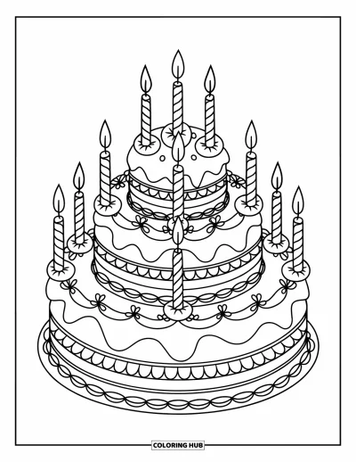 Backen-Ausmalbild für Kinder: Eine mehrstöckige Torte mit Kerzen und kunstvollen Zuckerguss-Mustern