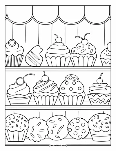 Backen-Ausmalbild für Kinder: Ein Backregal mit Cupcakes, Muffins, Keksen und bunten Streuseln
