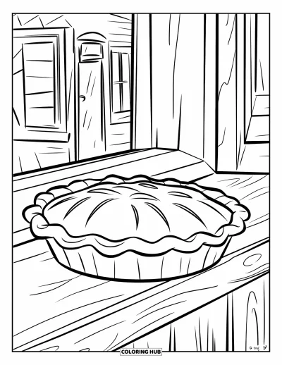 Backen-Ausmalbild für Kinder: Ein Kuchen, der auf dem Holzfensterbrett eines Hauses auskühlt