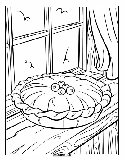 Backen-Ausmalbild für Kinder: Ein Obstkuchen, der auf einem rustikalen Holzfensterbrett auskühlt
