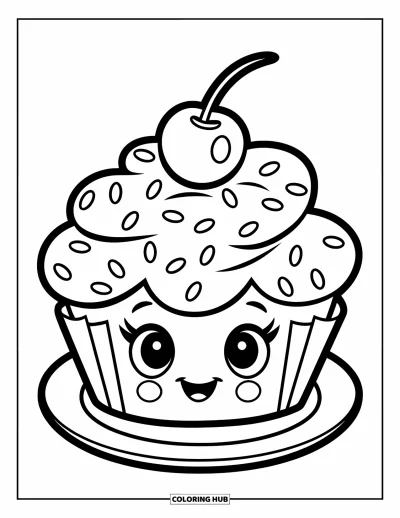 Backen-Ausmalbild für Kinder: Ein verspielter Cupcake mit Streuseln und einer Kirsche auf einem Teller