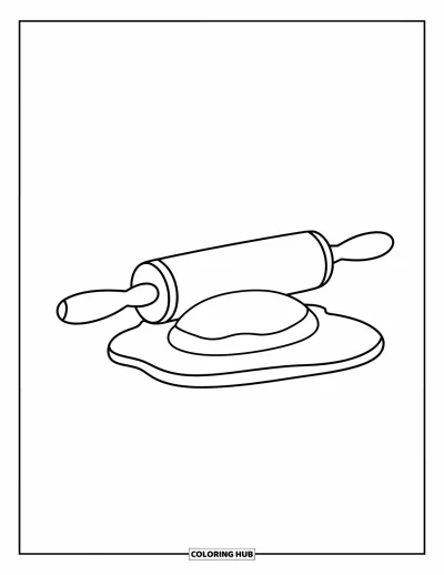 Backen-Ausmalbild für Kinder: Ein Nudelholz neben einem kleinen Stück Teig