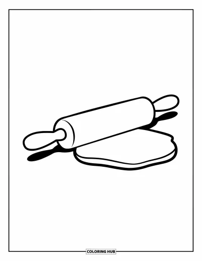 Backen-Ausmalbild für Kinder: Ein Nudelholz mit Teig in einem fröhlichen, schlichten Design
