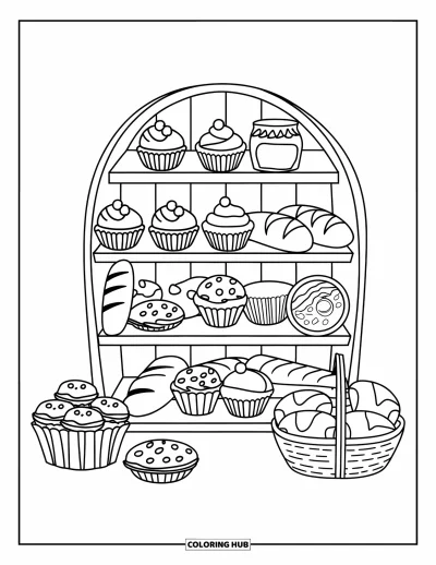 Backen-Ausmalbild für Kinder: Ein Regal mit Cupcakes, Muffins, Keksen, Brot und einem Marmeladenglas