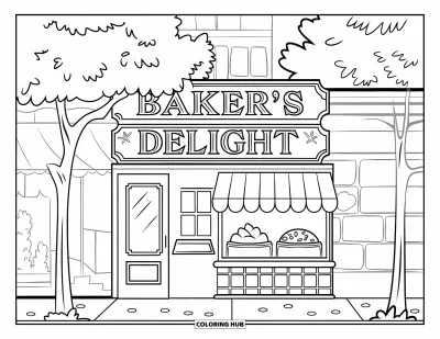 Backen-Ausmalbild für Kinder: Ein kleines Bäckerei-Geschäft mit Gebäck im Schaufenster