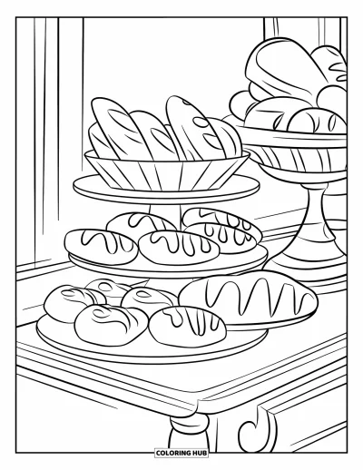 Backen-Ausmalbild für Kinder: Ein kleines Regal mit Gebäck, Brot und einer Schüssel Obst