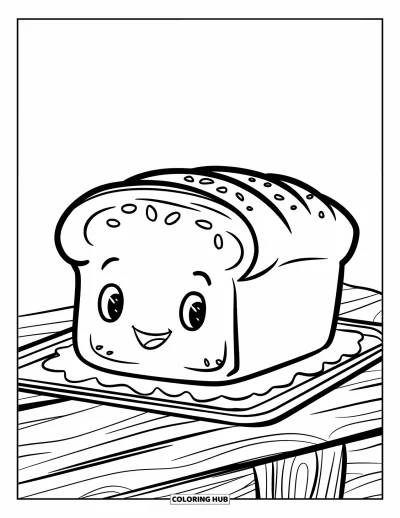 Backen-Ausmalbild für Kinder: Ein lächelnder Brotlaib auf einem Backblech