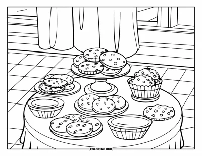 Backen-Ausmalbild für Kinder: Ein Tisch voller Kekse und Muffins auf einem karierten Boden