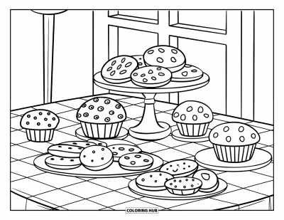 Backen-Ausmalbild für Kinder: Ein Tisch mit Keksen und Muffins, ein Fenster im Hintergrund