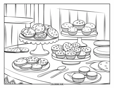 Backen-Ausmalbild für Kinder: Ein Tisch mit Keksen, Muffins, Macarons und einigen Utensilien