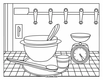 Backen-Ausmalbild für Kinder: Ein Tisch mit Rührschüssel, Löffel, Messbecher und Waage, ordentlich angeordnet