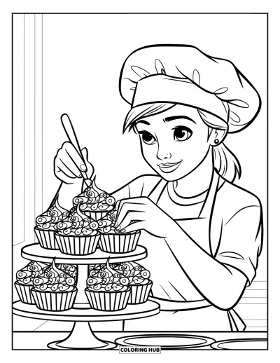 Backen-Ausmalbild für Kinder: Ein junger Bäcker dekoriert Cupcakes mit kunstvollen Glasur-Mustern