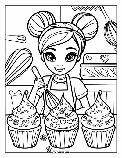 Backen-Ausmalbild für Kinder: Ein junger Bäcker glasiert Cupcakes mit Herzen, Sternen und Blumen
