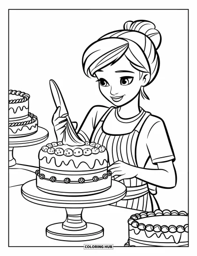 Backen-Ausmalbild für Kinder: Ein Teenager glasiert eine mehrstöckige Torte mit Streuseln und weiteren Kuchen daneben
