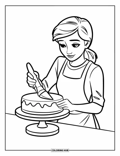 Backen-Ausmalbild für Kinder: Ein Teenager mit Schürze glasiert eine Torte auf einem Drehteller