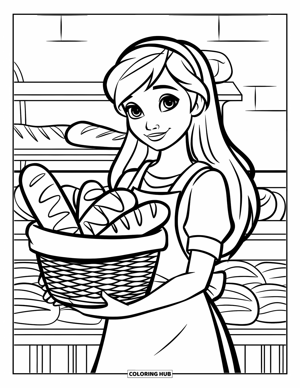 Baking Coloring Page for Kids: A teenage girl carrying a basket of freshly baked bread