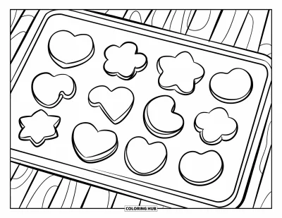 Backen-Ausmalbild für Kinder: Ein Tablett mit Keksen in Herz-, Stern- und Rundform