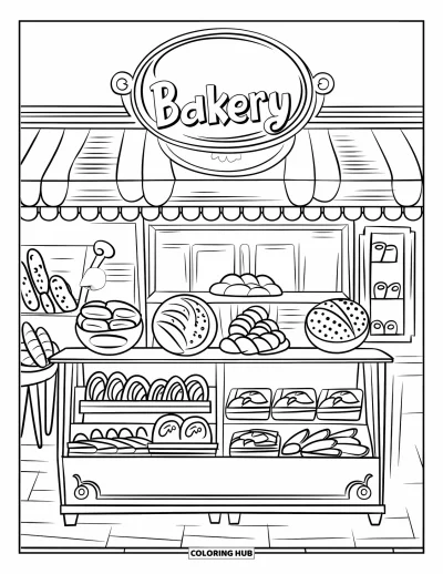 Backen-Ausmalbild für Kinder: Eine moderne Bäckerei mit Brot und Gebäck in der Auslage