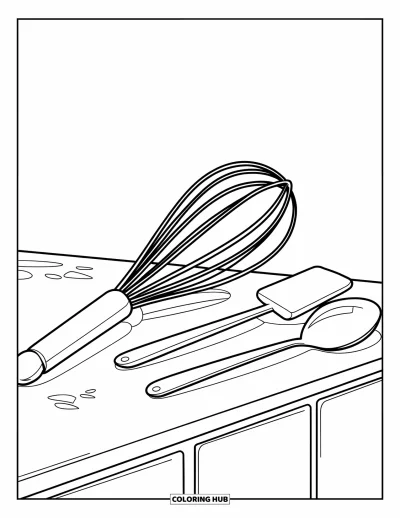 Backen-Ausmalbild für Kinder: Ein Schneebesen, ein Spatel und ein Löffel zusammen auf einer Theke